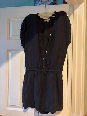 Michael Stars Black Button-Front Short Sleeve Romper with Drawstring Waist